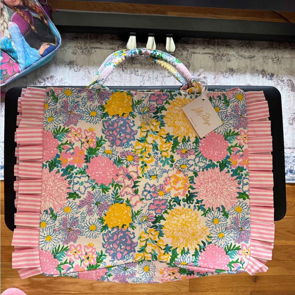 NWT Lilly Pulitzer Floral Ruffle Tote Bag Flowers - Pink, Yellow & Green Easter